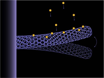 A double-walled carbon nanotube NEMS has been used to measure the mass of a single atom of gold. Atoms landing on the tube change the tube’s resonant frequency in proportion to the mass of the atoms, much like what happens when a diver hits a springboard.
