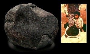 After breaking into fragments, the Allende meteorite fell to Earth and scattered widely across Chihuahua, Mexico. It contains some of the oldest minerals formed in the solar system. (Inset photo, “a puzzled Earthman,” from Brian Mason, Smithsonian Institution)
