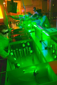 From left, Berkeley Lab’s Csaba Toth, Joseph Wallig, and Wim Leemans working with a 40-terawatt laser.