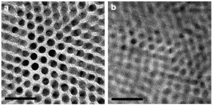 These Transmission Electron Microscopy (TEM images show (a) the original nanorod array of cadmium sulfide and (b) a composite made from cadmium sulfide and the chalcogenide  copper sulfide.   In the composite, nanoparticle ordering is maintained but spacing between the particles decreases.
