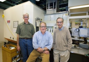  (From left) Joel Ager, Daryl Chrzan and Eugene Haller have shown that BEANs, such as quantum dots and nanowires, could be applied to phase change random access memory  technologies and possibly optical data storage as well. (Photo by Roy Kaltschmidt, Berkeley Lab Public Affairs)