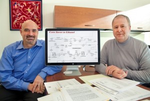 Blake Simmons (left) and Harvey Blanch of the Joint BioEnergy Institute led the development of a technoeconomic model for optimizing biorefinery operations. (Photo by Roy Kaltschmidt, Berkeley Lab Public Affairs)