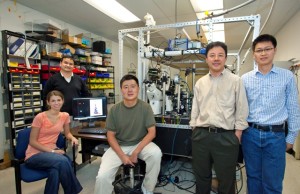 From left Anna Labno, Xiaobo Yin, Hu Cang, Xiang Zhang and  Changgui Lu have developed a single molecule imaging technology, dubbed BEAST, that makes it possible to directly measure the field itensity inside an electromagnetic hotspot. (Photo by Roy Kaltschmidt, Berkeley Lab Public Affairs)