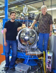 Alexander Gray (left) and Charles Fadley at Beamline 9.3.1 of Berkeley Lab’s Advanced Light Source where they will soon be able to carry out their hard x-ray angle-resolved photoemission spectroscopy (HARPES) experiments. (Photo by Roy Kaltschmidt, Berkeley Lab)