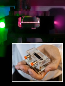 A laser pulse through a capillary filled with hydrogen plasma creates a wake that can accelerate an electron beam to a billion electron volts in just 3.3 centimeters. The same LOASIS accelerating structure has been modified to tune stable, high-quality beams from 100 to 400 million electron volts. (Photos by Roy Kaltschmidt, Berkeley Lab Public Affairs)
