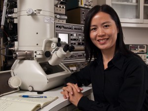 Haimei Zheng led a team that showed how nanorods evolve from the oriented attachment of nanoparticls. Another Berkeley Lab team elucidated the mechanisms behind this oriented attachment. See story here (Photo by Roy Kaltschmidt)