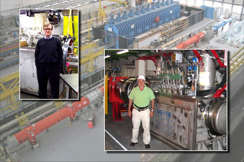 At CERN, the final focusing assembly was first tested at ground level (background) before being lowered into the tunnel and reassembled there. Two of the many U.S. scientists and engineers who have worked on the LHC are Fermilab's Jim Strait, left, first head of the US LHC project, and engineer Joseph Rasson, right, who oversaw Berkeley Lab's contribution.