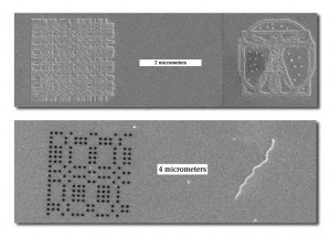 Top: the ALS beamline 9.0.1 experiment used a uniformly redundant array (URA) 30 nanometers thick with scattering elements 44 nanometers square (left). At right is the lithograph of Da Vinci’s Vitruvian Man. The scale bar is two micrometers long. Bottom: the FLASH experiment used a URA with 162 pinholes, next to a Spiroplasma bacterium. The 150-nanometer diameter pinholes in the URA limited resolution, but computer processing improved image resolution to 75 nanometers. The scale bar is four micrometers long.