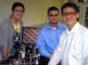 From left, Johnny Ho, Ali Javey, and Zhiyong Fan of Javey’s group worked on the all-nanowire integrated sensor circuit. Not pictured are Zachery Jacobson  and Haleh Razavi.