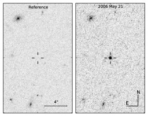 In the optical equivalent of something going bump in the night, a mysterious object in an apparently empty patch of space (see hash marks) brightened by a factor of at least 120 times during a period of about three months and then faded away over the next three months. (Image courtesy of Kyle Barbary)