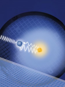 Another step towards quantum computing was taken when a team of scientists processed information in the electron spin (blue) and stored it in the nuclear spin (yellow) of phosphorus atoms  through a combination of microwave and radio-frequency pulses. (Image by Flavio Robles, Berkeley Lab Public Affairs)