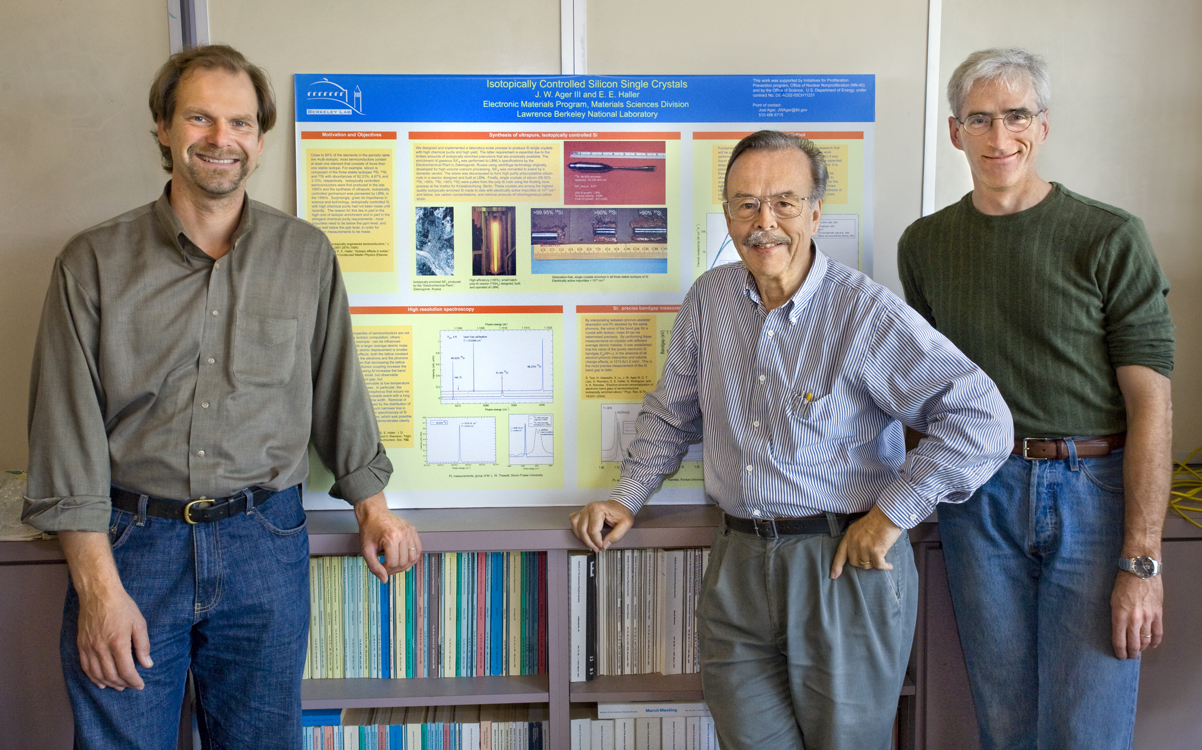 Berkeley Lab’s Thomas Schenkel (left), Eugene Haller and Joel Ager were part of an international collaboration that demonstrated how atomic nuclei can function as solid state quantum memory. (Photo by Roy Kaltschmidt, Berkeley Lab Public Affairs)