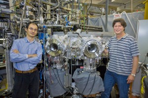 Berkeley Lab scientists Nobumichi Tamura (left) and Andreas Scholl at the Advanced Light Source’s PEEM-3 endstation, one of the best photoemission electron microscopes in the world. (Photo by Roy Kaltschmidt, Berkeley Lab Public Affairs)