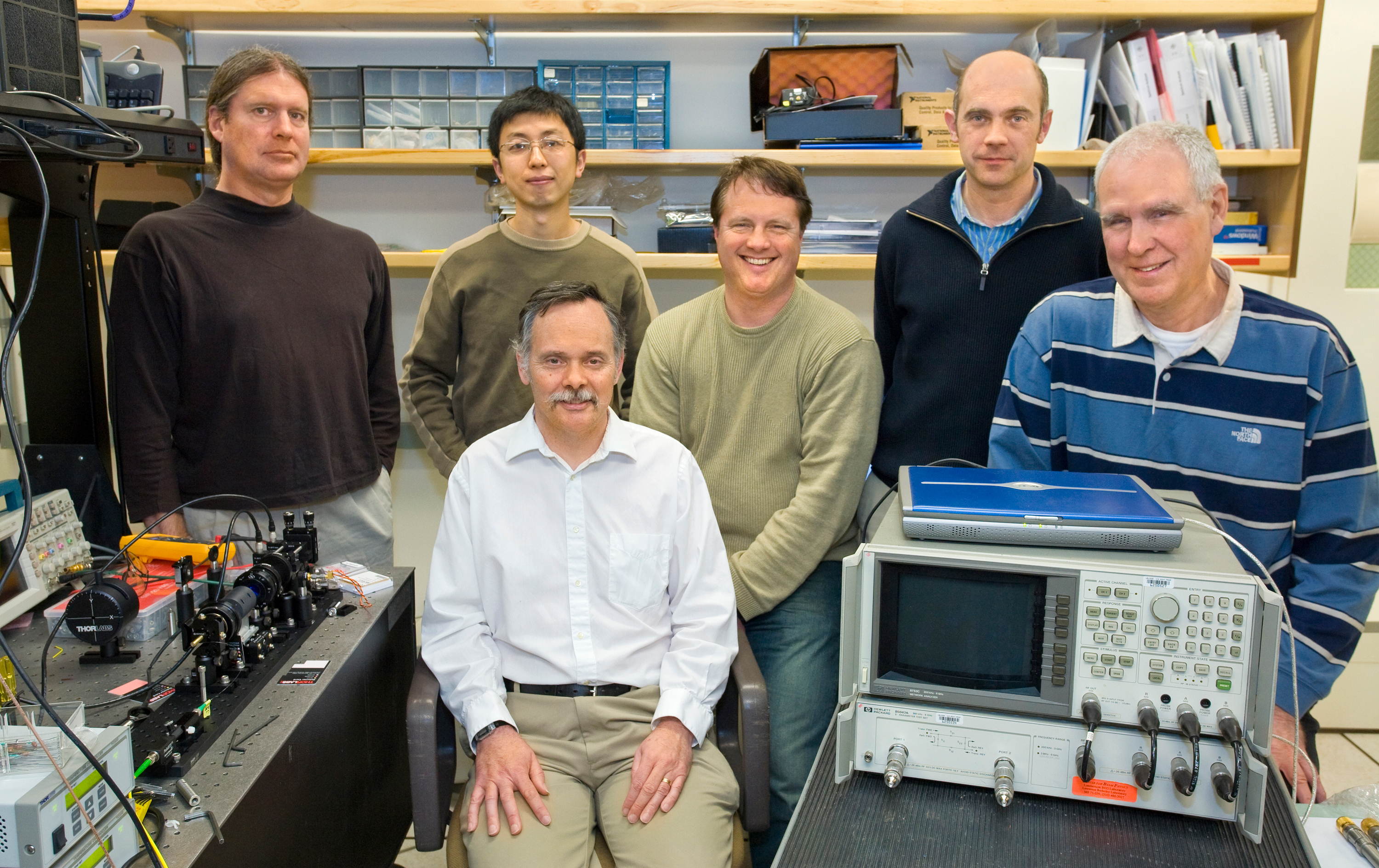 Among the members of the Accelerator and Fusion Research Division and Engineering Division whose extensive experience at the Spallation Neutron Source, the Linac Coherent Light Source, and other facilities have contributed to the FERMI@Elettra timing and synchronization systems are (from left) Russell Wilcox, Gang Huang, Larry Doolittle, John Byrd, Alex Ratti, and John Staples. 