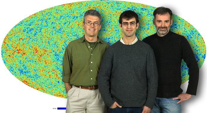 Julian Borrill, Radek Stompor, and Christopher Cantalupo in front of the high-resolution map of the CMB they produced using  tens of billions of samples of simulated Planck satellite data (Photo by Roy Kaltschmidt)
