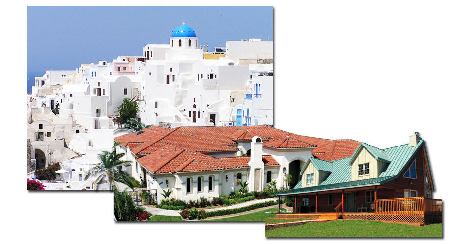 From traditional Mediterranean houses painted white to modern cool-roof metals, tiles, and asphalt shingles that come in colors, cool roofs reduce greenhouse-gas emissions by saving energy. (Santorini photo by Stacy Cashman, licensed under Creative Commons Attribution ShareAlike 3.0. Photos of cool-color roofs courtesy California Energy Commission) 