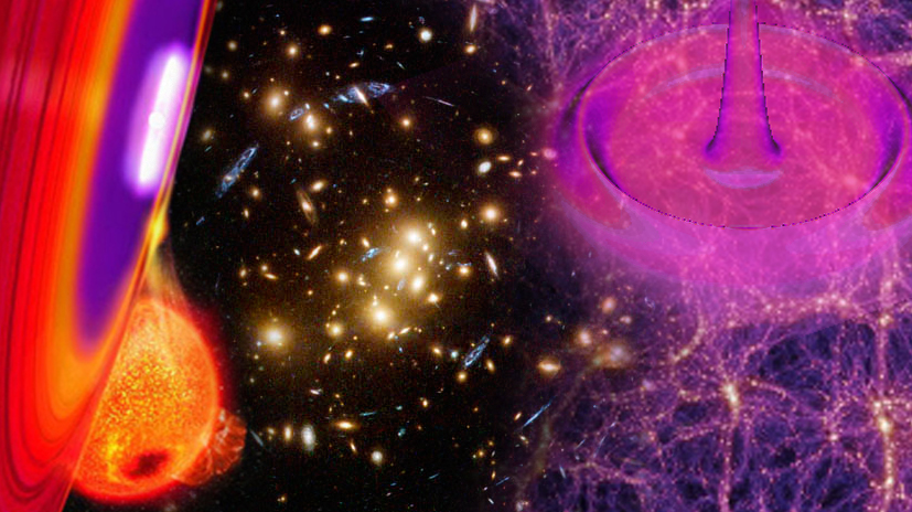 Three leading methods proposed for studying dark energy depend on measurements of distant supernovae (left), weak gravitational lensing (center), and baryon acoustic oscillations (right). (Painting of Type Ia supernova courtesy Don Dixon.) 
