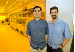 Berkeley Lab researchers Allan Chang (left) and Stefano Cabrini at The Molecular Foundry were part of an international collaboration that provided the first experimental evidence for optical antimatter.  The device they created by alternating layers of air and a silicon photonic crystal containing air holes can serve as a superlens.