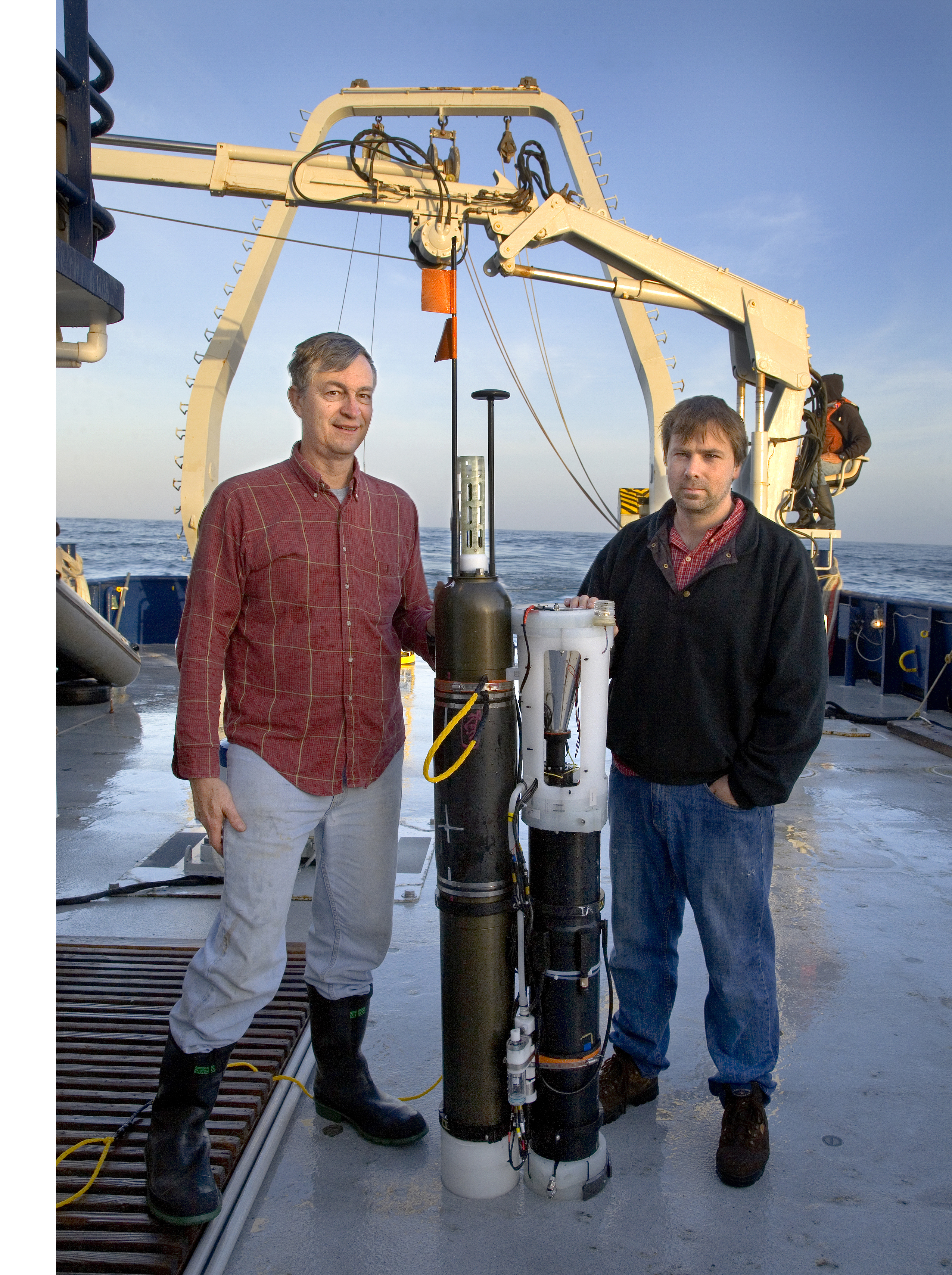 Jim Bishop and Todd Wood with a recent version of the Carbon Explorer float, which can descend to a kilometer beneath the surface, measure particulate carbon (and other forms of carbon), and resurface to send data by satellite. Carbon Explorers can also be reprogrammed remotely via satellite link. (Photo Roy Kaltschmidt, Lawrence Berkeley National Laboratory. Click on image for best resolution.) 