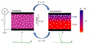 This schematic diagram shows a calcium-doped bismuth ferrite multiferroic film existing in a highly insulating state until the application of an electric field mobilizes  oxygen vacancies to create n- and p-type conductors in the top and bottom portions of the film respectively.