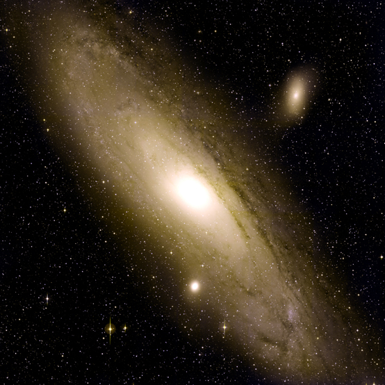 This false-color image of our glowing galactic neighbor, the Andromeda Galaxy, was created by layering 400 individual images captured by the PTF camera in February 2009. In one pointing, the PTF camera has a seven-square-degree field of view, equivalent to approximately 25 full moons. (Palomar Transient Factory/Peter Nugent, Berkeley Lab)