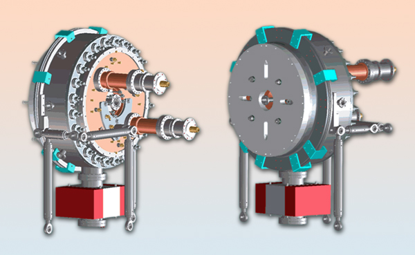 The VHF electron gun is a high-vacuum, water-cooled cavity roughly a meter in diameter. Radio-frequency couplers enter from the rear (left), where the photocathode is loaded into the center of the cavity. The beam exit port is at the center of the front of the gun (right). 