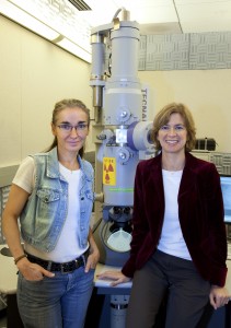 Eva Nogales (left) and Jennifer Doudna produced the first images of a human RISC-loading complex, a trio of proteins  containing snippets of RNA that help control whether genetic messages are silenced or expressed. (Photo by Roy Kaltschmidt, Berkeley Lab Public Affairs)