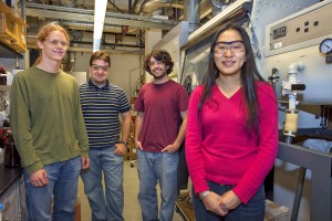 Berkeley researchers including (from left) Kari Thorkelsson, Alexander Mastroianni, Benjamin Rancatore and Ting Xu devised a simple but powerful technique to induce nanoparticles to assemble themselves into complex arrays. (Photo by Roy Kaltschmidt, Berkeley Lab Public Affairs)