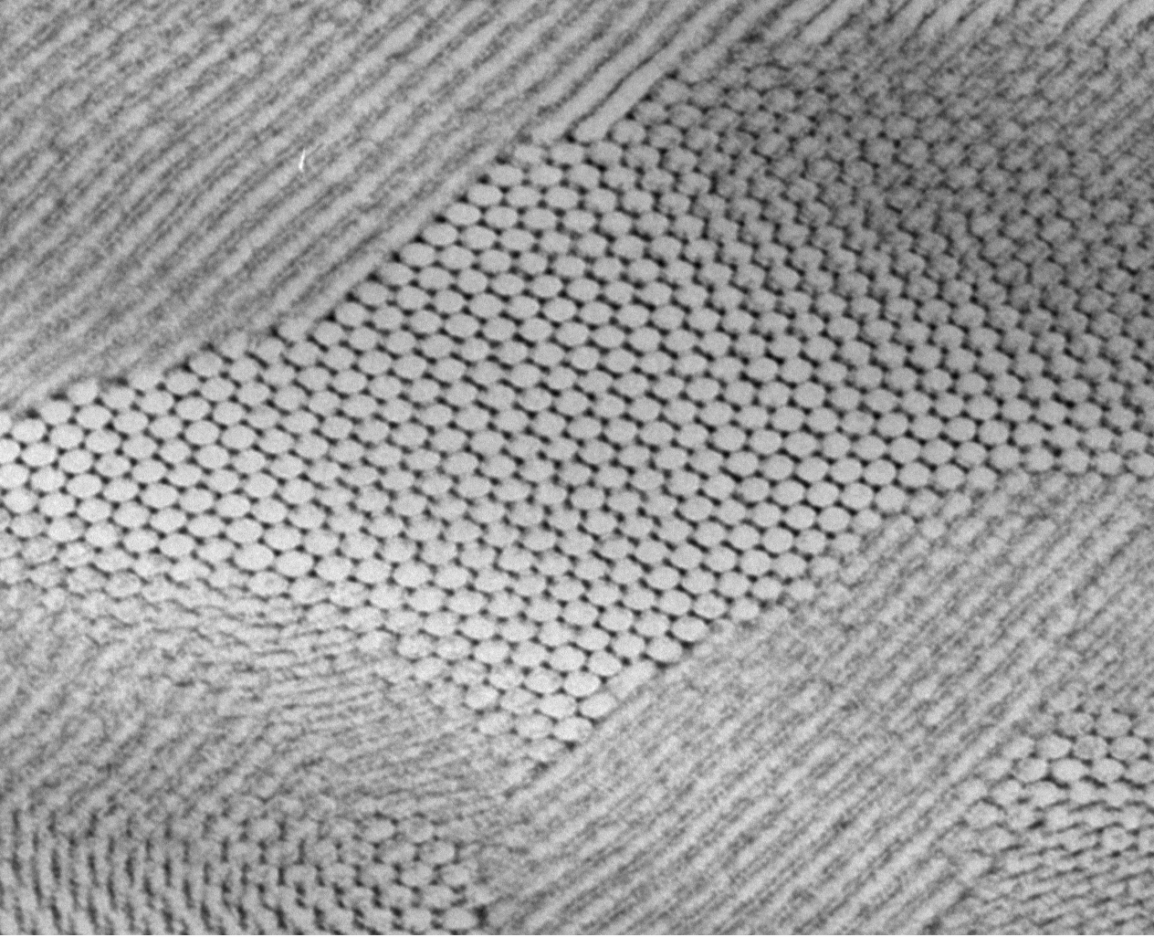 This electron micrograph shows a self-assembled composite in which nanoparticles of lead sulfide have arranged themselves in a hexagonal grid. 