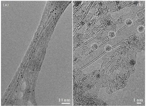 The TEM image in figure (a) shows platinum nanoparticles (black specks) on a bundle of single-walled carbon nanotubes. Under higher magnification in figure (b), the nanotubes have started to separate from one another and the configuration of the platinum particles (marked by dashed circles) along the nanotubes is revealed. 