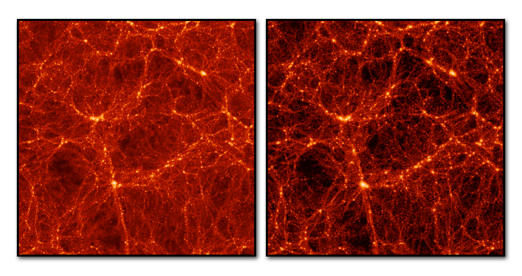 Dark matter shapes visible matter in a way that reflects the nature of dark energy. The structure of a Universe with no dark energy (left) would differ measurably from one in which dark energy is significant (right). 