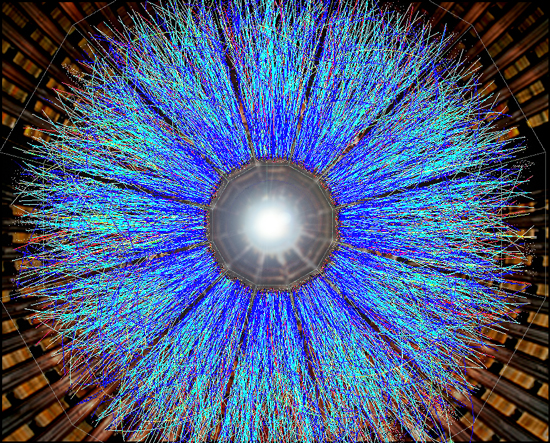 Gold nuclei collide in the STAR experiment at RHIC, creating a fireball in which the quark-gluon plasma briefly appears. It's properties are reconstructed from particle tracks captured in STAR's Time Projection Chamber. 
