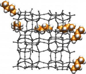 This figure shows a molecular worm representing a butane molecule as it navigates through the chemical labyrinth of a typical alkane-cracking zeolite. The alogorithm was used to compute the shortest path for the butane molecule to traverse one unit of the periodic zeolite structure. (image courtesy of Maciej Haranczyk)