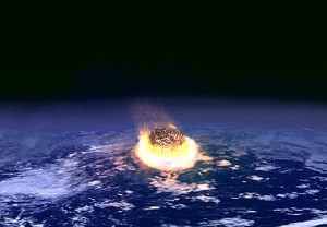 An international panel found in favor of a theory by Luis and Walter Alvarez that an asteroid impact with Earth 65 million years ago triggered the mass extinction of the dinosaurs. (artist’s conception from NASA)