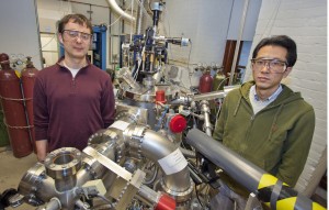 Jan Seidel (left) and Seung-Yeul Yang were the lead authors of a paper describing a new mechanism for the photovoltaic effect in semiconductor thin-films that overcomes previous bandgap voltage limitations. (Photo by Roy Kaltschmidt, Berkeley Lab Public Affairs)