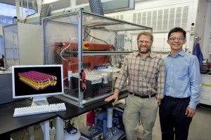 Ron Zuckermann (left) and Ki Tae Nam with Berkeley Lab’s Molecular Foundry, have developed a ‘molecular paper’ material whose properties can be precisely tailored to control the flow of molecules, or serve as a platform for chemical and biological detection (Photo by Roy Kaltschmidt, Berkeley Lab Public Affairs).