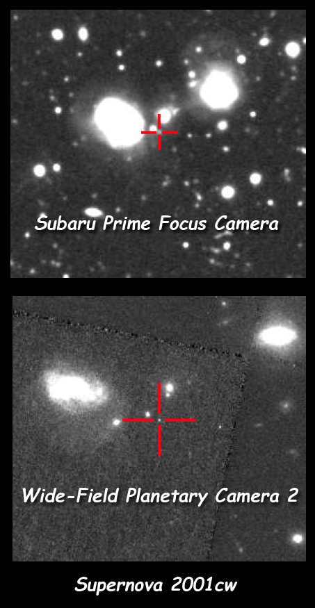 One of the six new distant supernovae included in the Supernova Cosmology Project's new Union2 survey, including observations by Japan's Subaru Telescope on Mauna Kea (top) with follow-up observations by the Hubble Space Telescope (bottom).