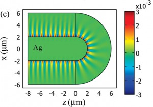 Field distribution after the transformation of a dielectric material shows the nearly perfect transmission of a light beam around a 180 degree bend. (Image courtesy of Zhang group)