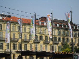 Banners for the Euroscience Conference fly in the plaza near the main railway station in Torino.
