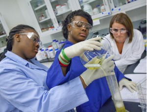 Kate Trimlett (right), a science teacher at Berkeley High School’s Green Academy in her second year with the iCLEM program, is able to both learn and teach as she works along side students such as Destiny Joseph (left) of Mission High School in San Francisco, and Dejanae Holloway, Ralph J. Bunche High School, Oakland. (Photo by Roy Kaltschmidt, Berkeley Lab Public Affairs)