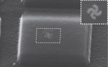 This STM image shows a gammadion gold light mill nanomotor embedded in a 300 nanometers thick square-shaped silica microdisk. The inset shows a magnified top view of the light mill. (Image courtesy of Zhang group)