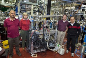 (From left) Musahid Ahmed, Lara Gundel, Kevin Wilson and Mohamad Sleiman at the Chemical Dynamics beamline of Berkeley Lab’s Advanced Light Source. (Photo by Roy Kaltschmidt, Berkeley Lab Public Affairs)
