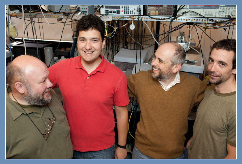 Mikhail Balabas, Todor Karaulanov, Dmitry Budker, and Micah Ledbetter in Budker's laboratory. (Photo Damon English) 