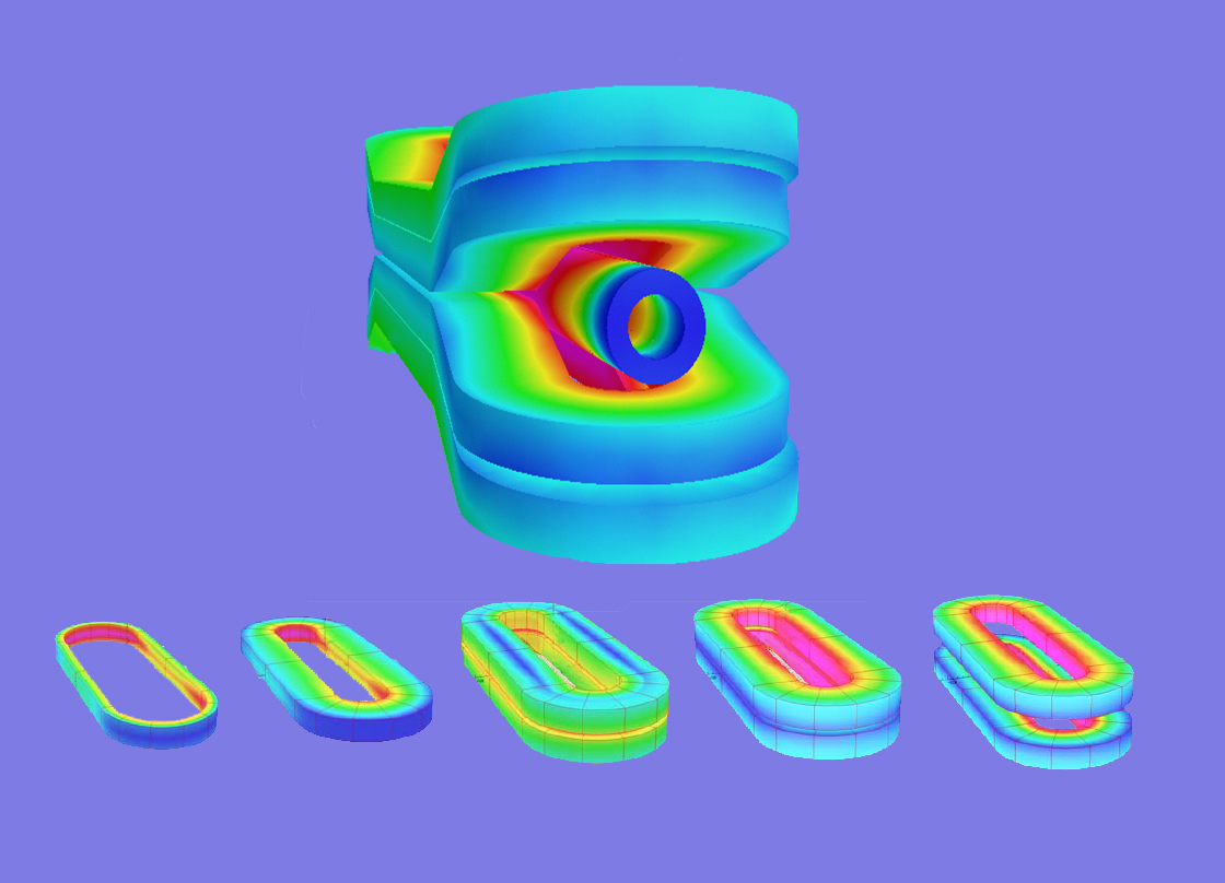 At top, two superconducting coils surround a beam pipe. Field strength is indicated by color, with greatest strength in deep red. To test components of such an arrangement, subscale coils will be tested (bottom), starting with only half a dozen cable winds generating a modest two or three tesla, increasing to hybrid assemblies capable of generating up to 10 T.