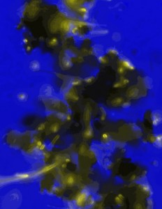 An engineered Escherichia coli strain (yellow) attaching to solid iron oxide (black). Scientists at the Molecular Foundry took the first step toward electronically interfacing microbes with inorganic materials, without disrupting cell viability. (Image courtesy of Heather Jensen)