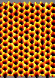 This image of a single suspended sheet of graphene taken with the TEAM 0.5, at Berkeley Lab’s National Center for Electron Microscopy shows individual carbon atoms (yellow) on the honeycomb lattice.