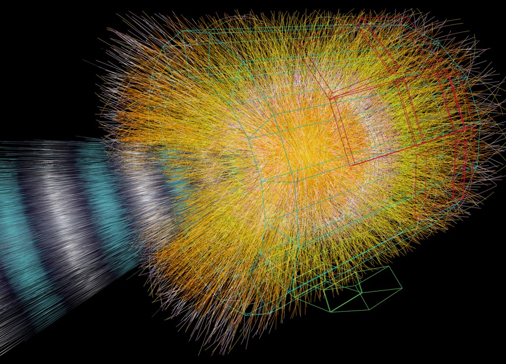 A simulated collision of lead ions, courtesy the ALICE experiment at CERN