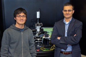 Berkeley researchers Kuniharu Takei (left) and Ali Javey created nanoscale transistors with excellent electronic properties from the semiconductor indium arsenide. (Photo by Roy Kaltschmidt, Berkeley Lab Public Affairs)