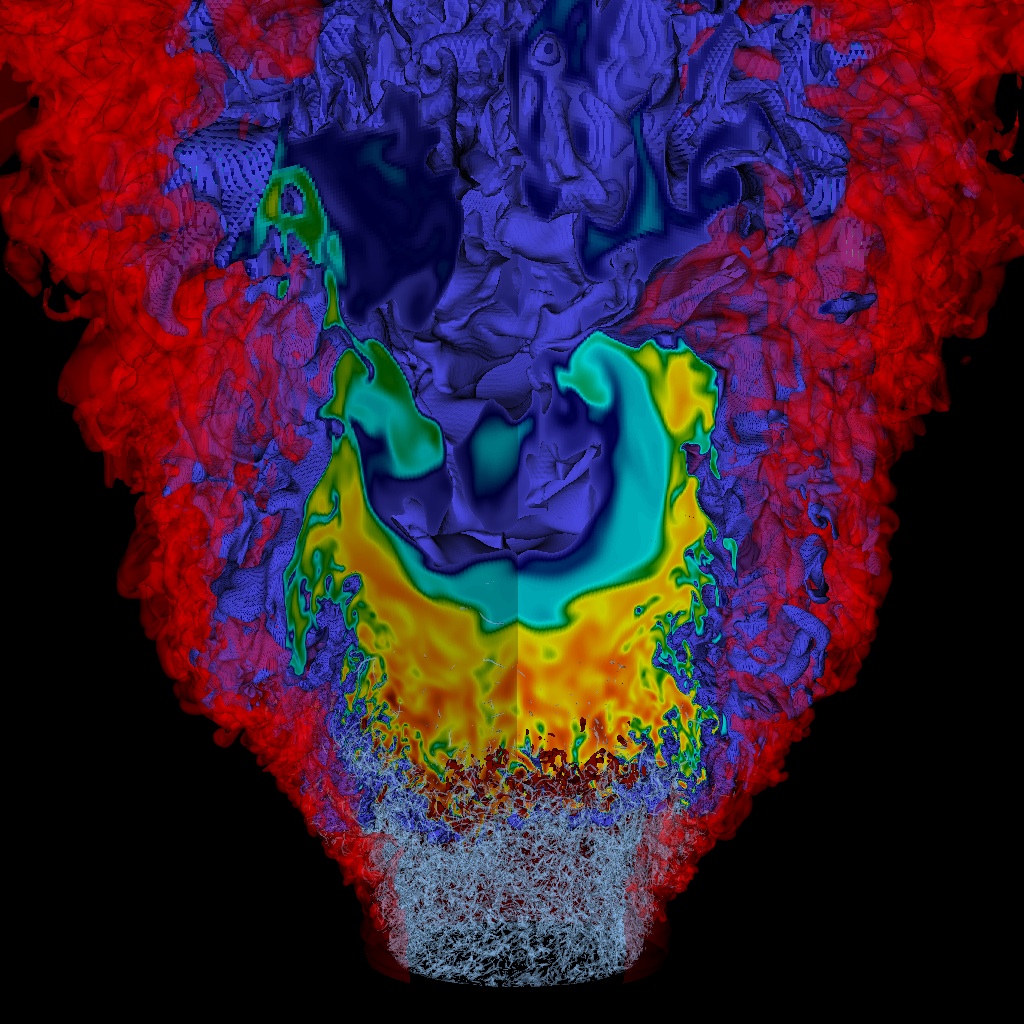 Simulation of a lean hydrogen-air mixture burning in a low-swirl injector. The colors indicate the presence of nitric oxide emissions near the highly wrinkled flame, while the gray structures at the flame base show the turbulent vorticity generated near the breakdown of the swirling flow from the injector.
