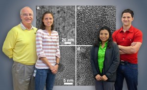From left, a scientific team that included Christian Kisielowski, Anne Ruminski, Rizia Bardhan and Jeff Urban has achieved a major breakthrough in the development nanocomposites for high-capacity hydrogen storage.  Team members not shown are Ki-Joon Jeon and Hoi Ri Moon. (Photo by Roy Kaltschmidt, Berkeley Lab Public Affairs)